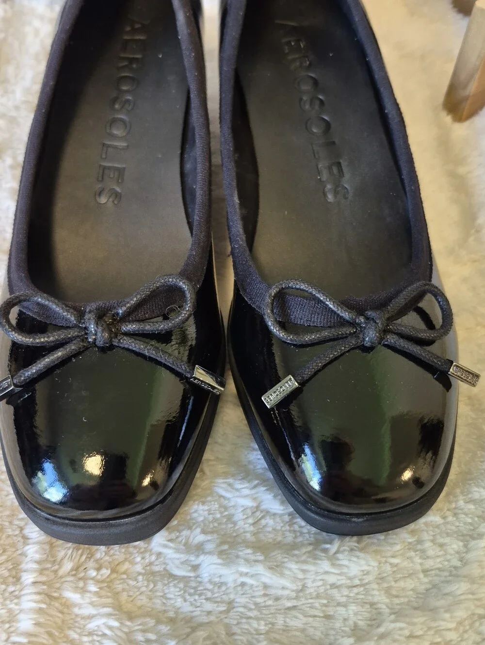 Aerosoles Tema Wedge Ballet Shoes Slip-On Black Patent Bow Detail Comfort Sz 8.5